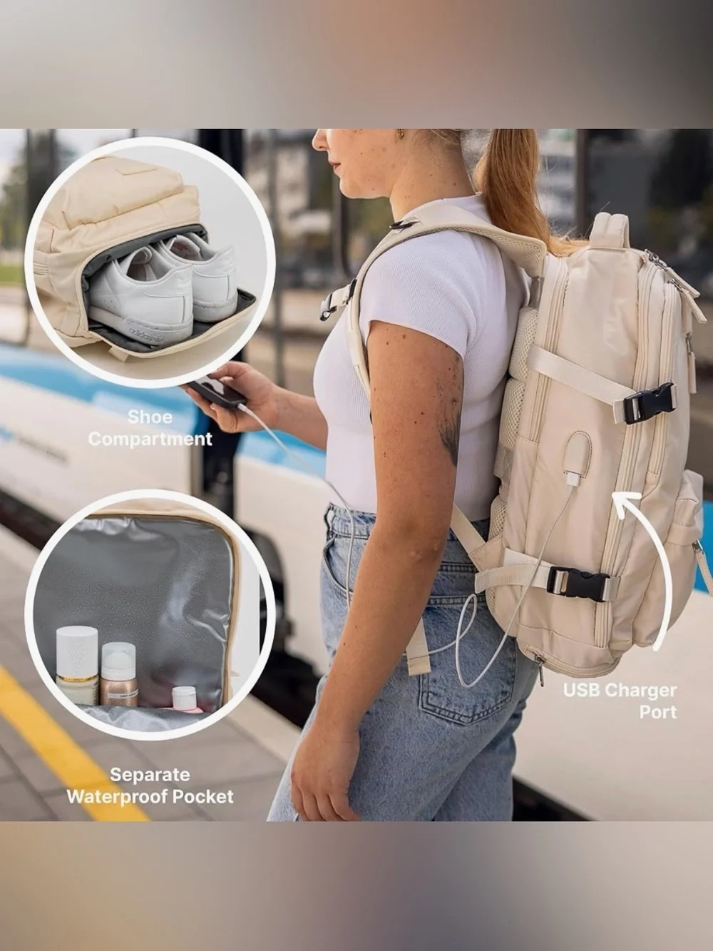 Cream Laptop Backpack USB Charging Port Travel Work School Carry On 17”